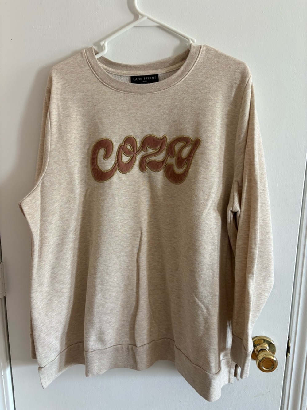 Lane Bryant Cream Crewneck Sweater with 'Cozy' Graphic